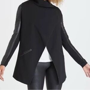 SPANX Drape Front Jacket Womens Black Ponte Faux Leather Wrap Waterfall: Small